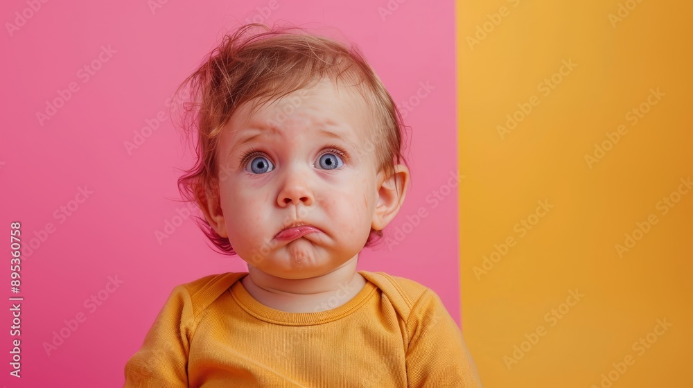 A close-up portrait of a baby with big blue eyes and a frowning expression, captured against a vibrant pink and yellow background. The image evokes emotions of innocence, curiosity, and childlike wond A close-up portrait of a baby with big blue eyes and a frowning expression, captured against a vibrant pink and yellow background. The image evokes emotions of innocence, curiosity, and childlike wond