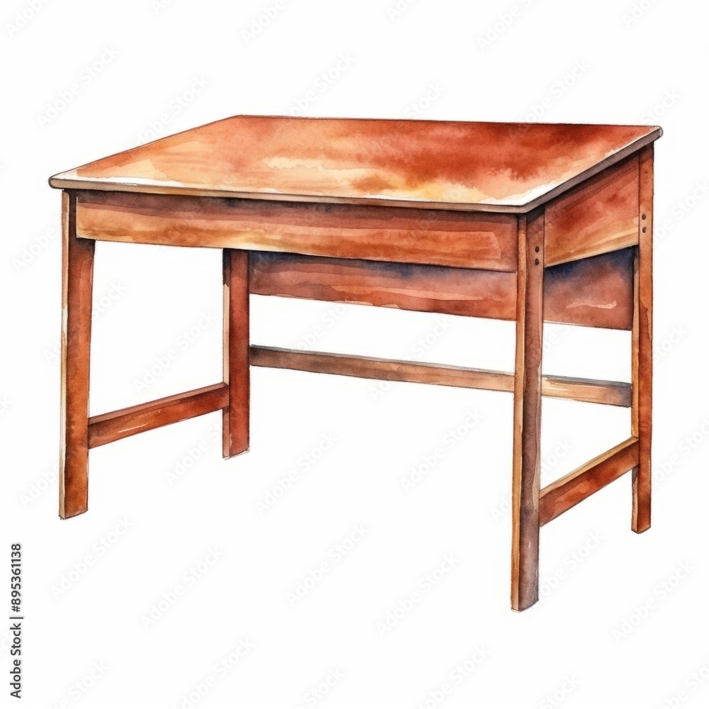 Watercolor, wooden desk with a brown top and wooden legs. The desk is empty and has a painting of it Watercolor, wooden desk with a brown top and wooden legs. The desk is empty and has a painting of it