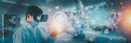 Wallpaper Mural Metaverse futuristic digital technology medical health concept, doctor wearing best VR headset equipment using virtual interface analysis symptom of patient with artificial intelligence or AI. Torontodigital.ca