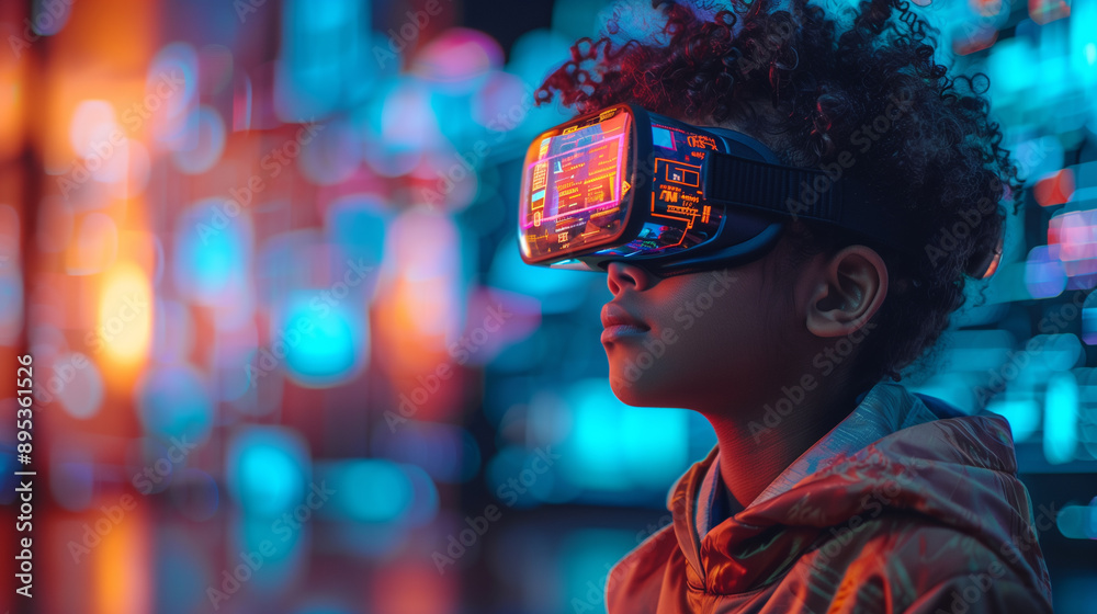 School Student Using VR Headset with AI and Machine Learning Holograms in Interactive Lesson School Student Using VR Headset with AI and Machine Learning Holograms in Interactive Lesson