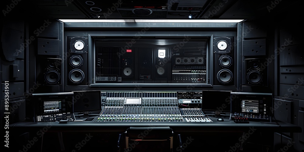 Music studio in black tones. The studio is dark, only the silhouettes of the equipment can be seen