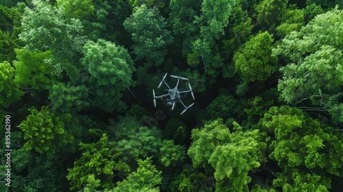 A drone hovers above a dense forest canopy, symbolizing technology, nature, surveillance, aerial photography, and environmental monitoring.