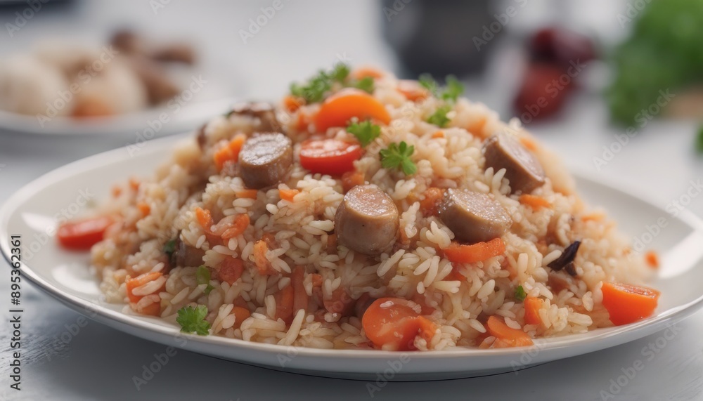Sausage fried rice with tomatoes, carrots and shiitake mushrooms on the plate Sausage fried rice with tomatoes, carrots and shiitake mushrooms on the plate