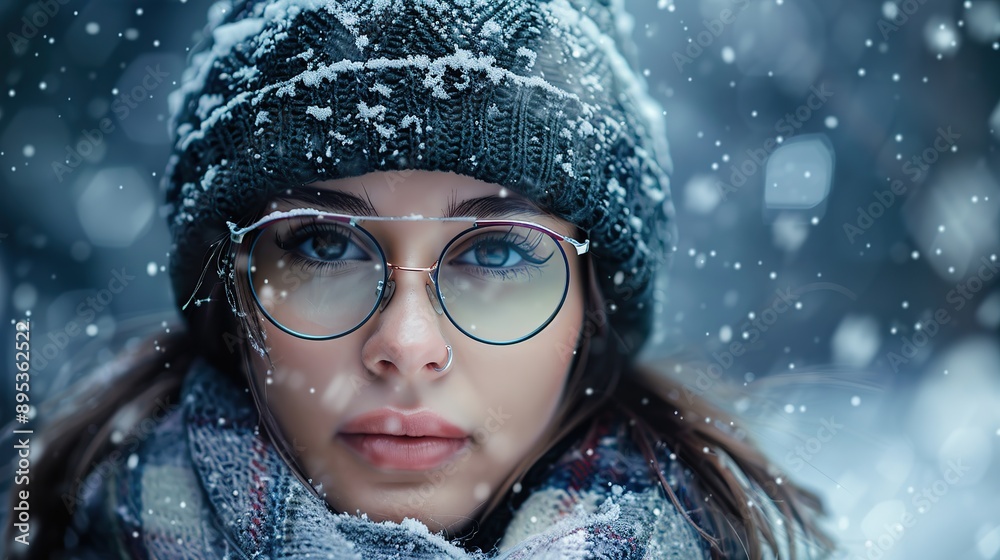 A woman wearing a hat and glasses standing in the snow. Suitable for winter fashion or outdoor activities. copy space for text. A woman wearing a hat and glasses standing in the snow. Suitable for winter fashion or outdoor activities. copy space for text.