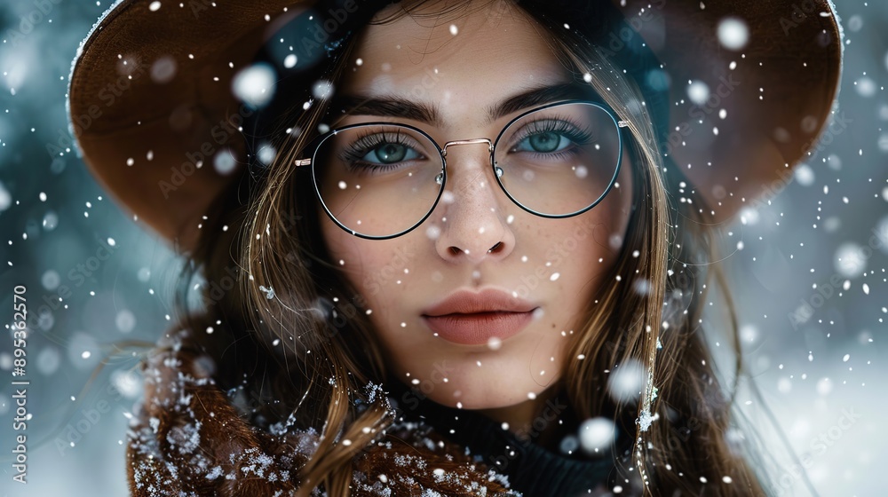Fototapeta premium A woman wearing a hat and glasses standing in the snow. Suitable for winter fashion or outdoor activities. copy space for text.
