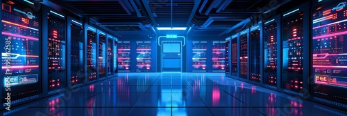 Wallpaper Mural A futuristic data center server room with rows of servers lit with neon lights, symbolizing technology, innovation, power, connectivity, and digital infrastructure. Torontodigital.ca
