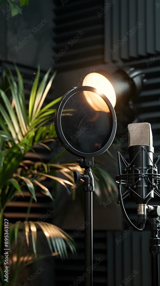 super nice looking black podcast studio, cocooning, with a plant, modern super nice looking black podcast studio, cocooning, with a plant, modern