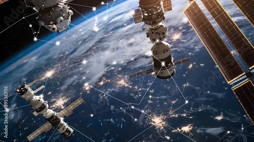 Fototapeta Naklejka Na Ścianę i Meble -  Interconnected Satellites and Space Stations Orbiting the Illuminated Earth