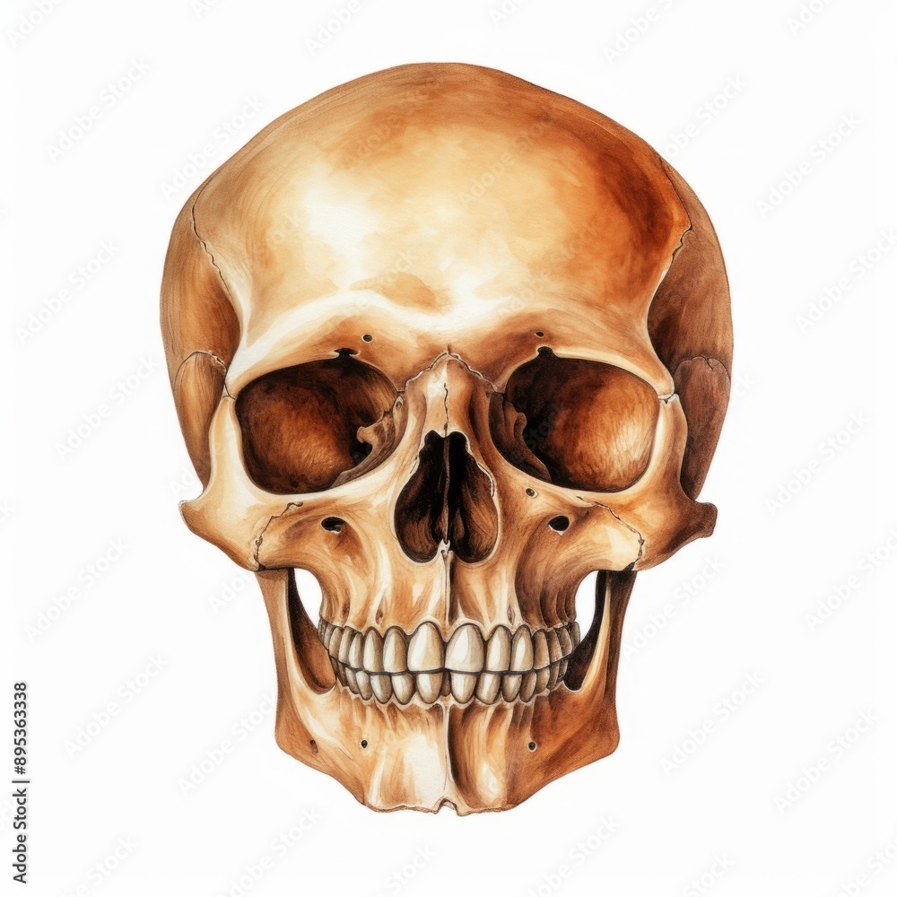 Obraz premium Watercolor, drawing of a skull with a smile on it. The skull is painted in brown and white colors, halloween mood