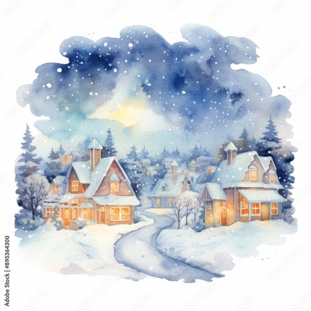Fototapeta premium Watercolor, winter scene with houses and a road. The houses are small and have a cozy feel. The road is covered in snow and the sky is dark, christmas mood