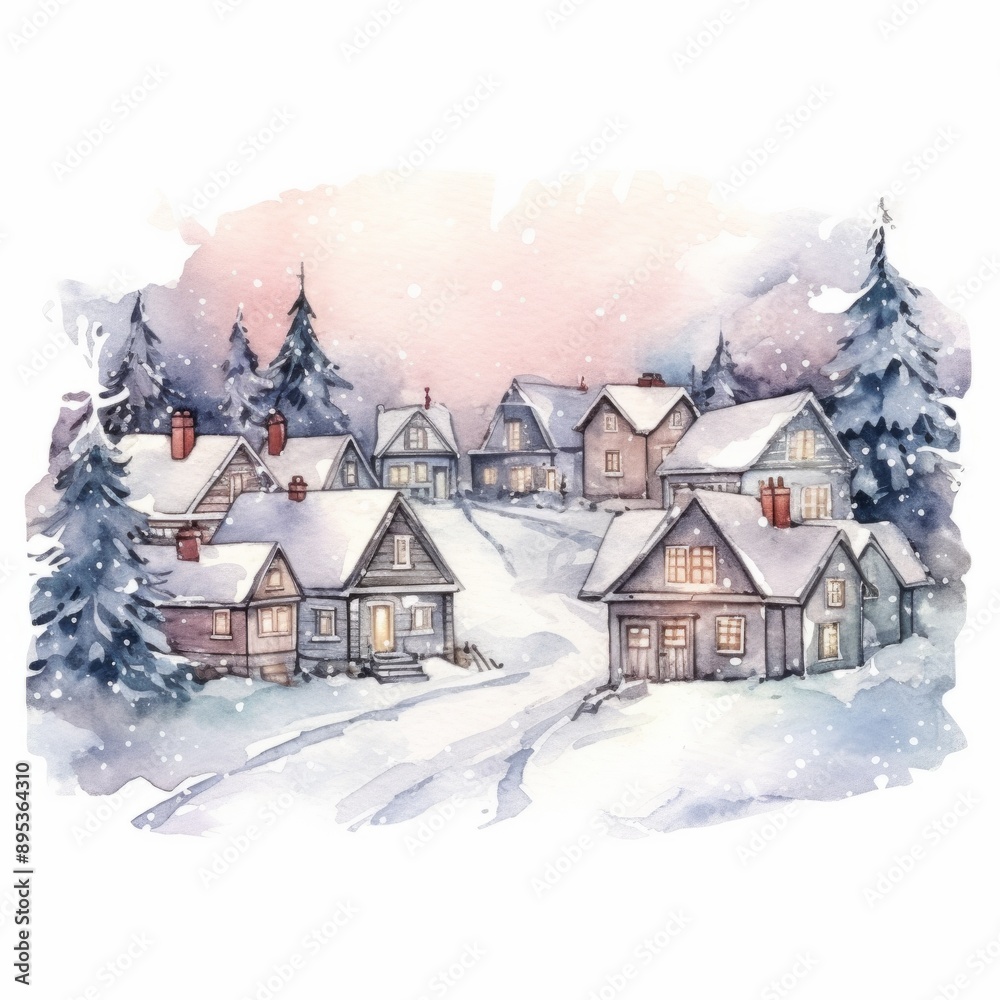 Fototapeta premium Watercolor, painting of a small town with houses and trees covered in snow. The mood of the painting is peaceful and serene, christmas mood