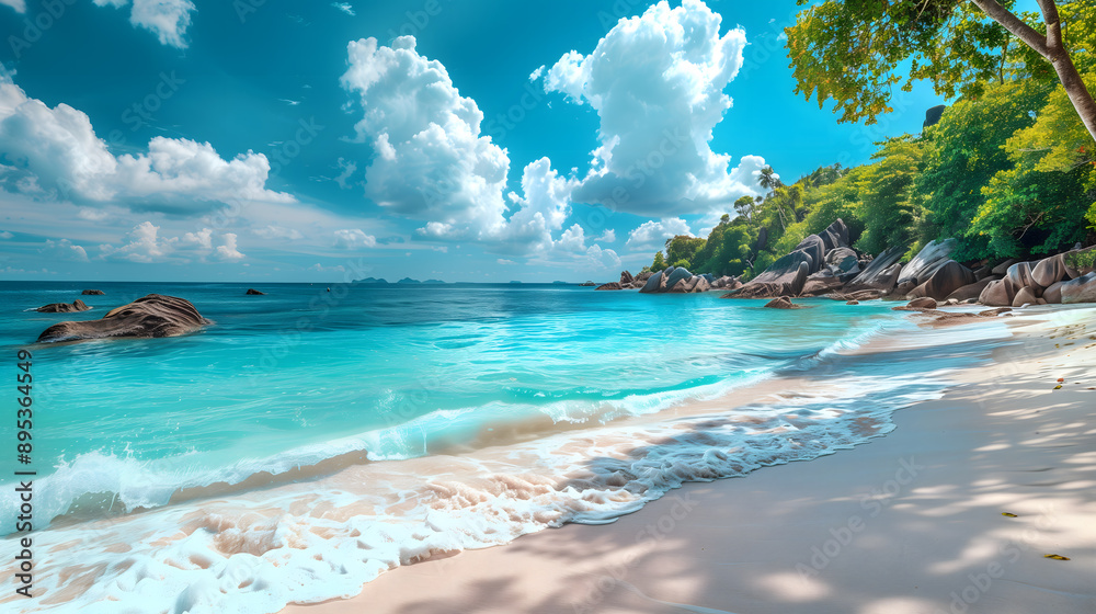 Fototapeta premium Beautiful beach and blue sky in Similan islands, Thailand. Vacation holidays background wallpaper. View of nice tropical beach. Panorama of travel summer holiday background concept.