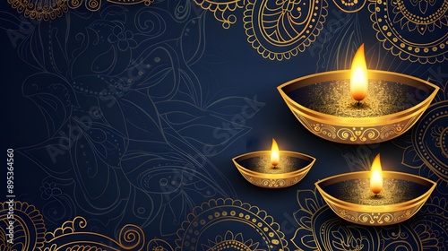 Ornate Diwali Background with Glowing Diyas and Traditional Patterns photo