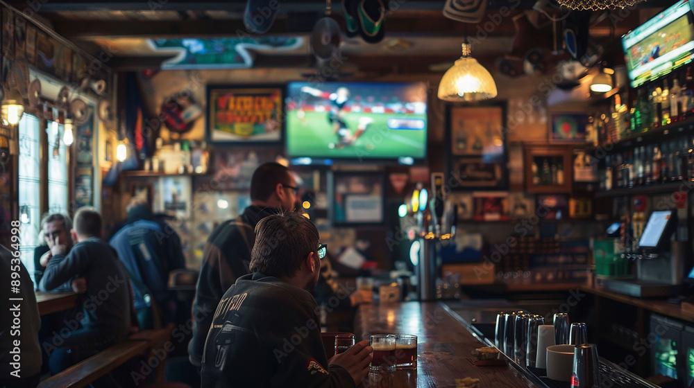 a bar with a TV on the wall and people watching the game. a bar with a TV on the wall and people watching the game.