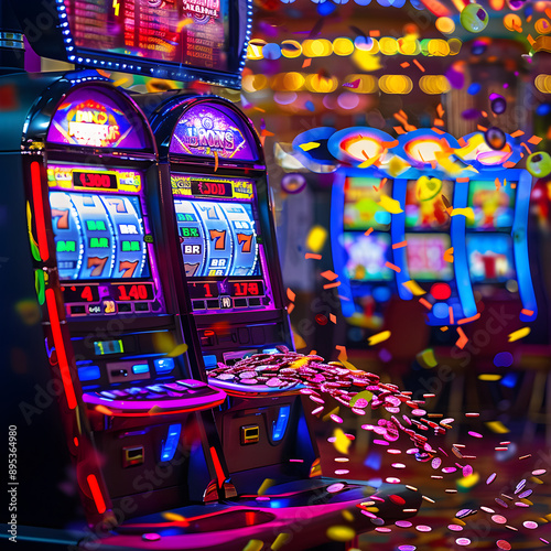 Bursting Jackpot Slot Machine with Neon Lights, Coins, and Celebratory Confetti Under Glowing Casino Lights photo