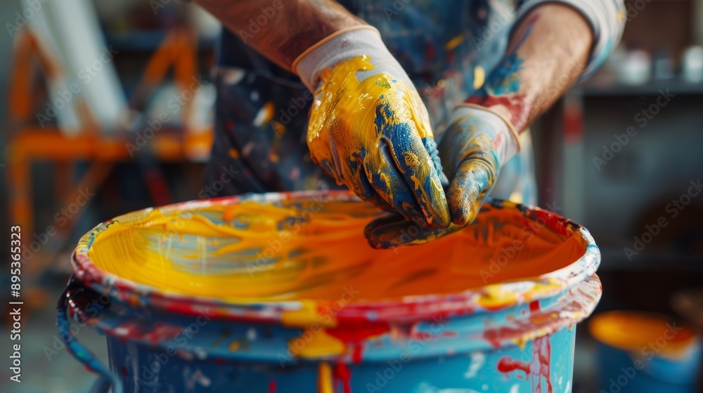 Obraz premium A close up of a painter mixing paint in a bucket, ensuring the color is consistent and ready for application