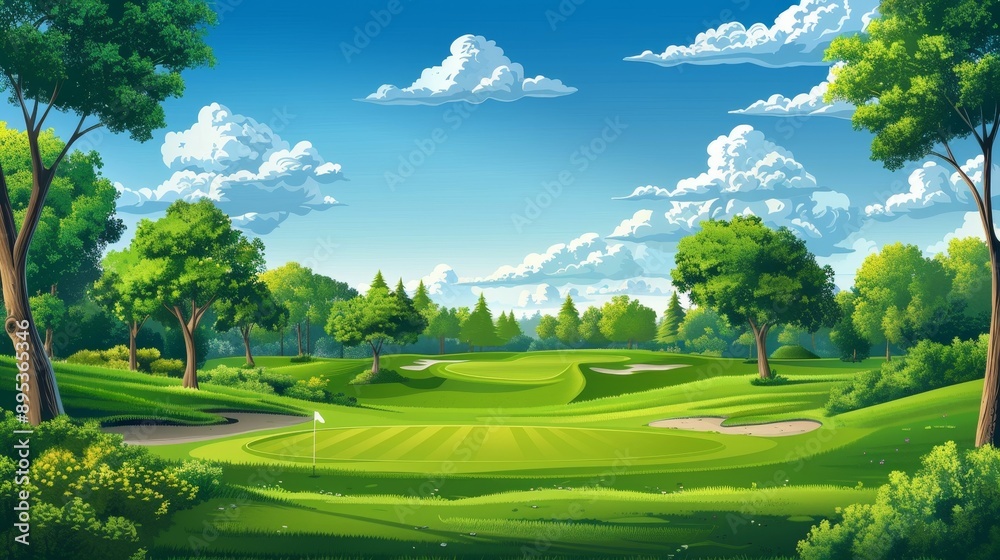 A picturesque golf course with rolling green hills, a pristine fairway, and a clear blue sky with fluffy white clouds. The scene symbolizes relaxation, recreation, and the beauty of nature. A picturesque golf course with rolling green hills, a pristine fairway, and a clear blue sky with fluffy white clouds. The scene symbolizes relaxation, recreation, and the beauty of nature.