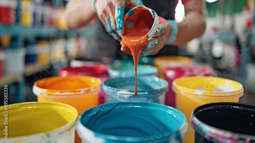 A close up of a painter mixing paint in a bucket, ensuring the color is consistent and ready for application photo