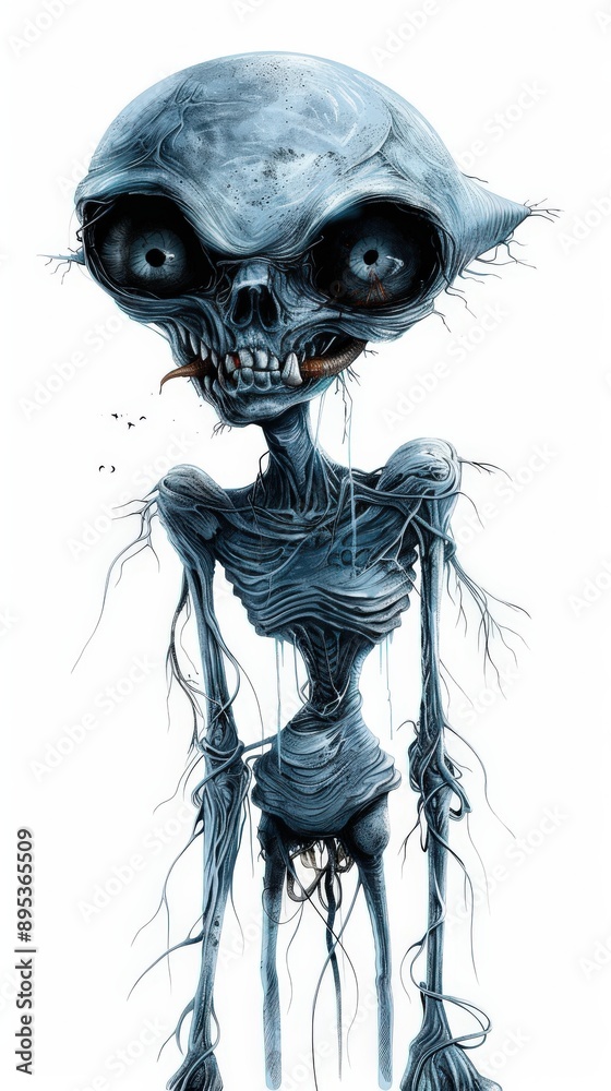 Fototapeta premium A surreal blue alien figure with skeletal features and eerie expression, perfect for science fiction themes and creative projects.
