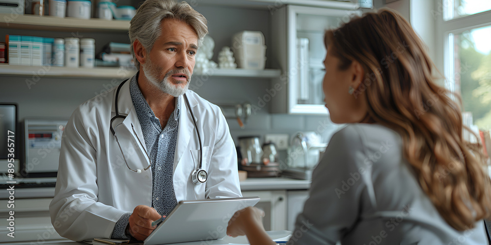 Obraz premium Doctor-Patient Consultation: Professional Medical Advice Session, Healthcare Discussion: Physician Providing Guidance to Patient