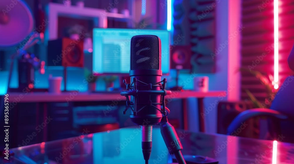 A professional podcast studio setup with a microphone in focus, neon lights, a computer screen, and a chair in the background. It symbolizes professionalism, creativity, audio production, and enterta A professional podcast studio setup with a microphone in focus, neon lights, a computer screen, and a chair in the background. It symbolizes professionalism, creativity, audio production, and enterta