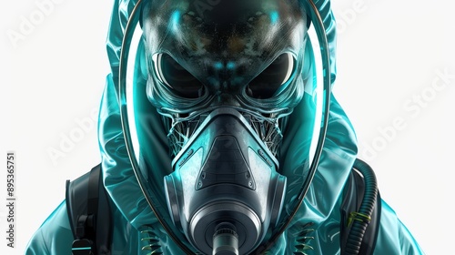 Futuristic character in a detailed gas mask, showcasing an eerie and dramatic appearance with glowing elements. photo