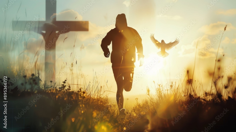 A silhouette of a runner in a field with a cross and a bird flying in the background, representing faith, hope, perseverance, and the pursuit of a higher purpose. A silhouette of a runner in a field with a cross and a bird flying in the background, representing faith, hope, perseverance, and the pursuit of a higher purpose.