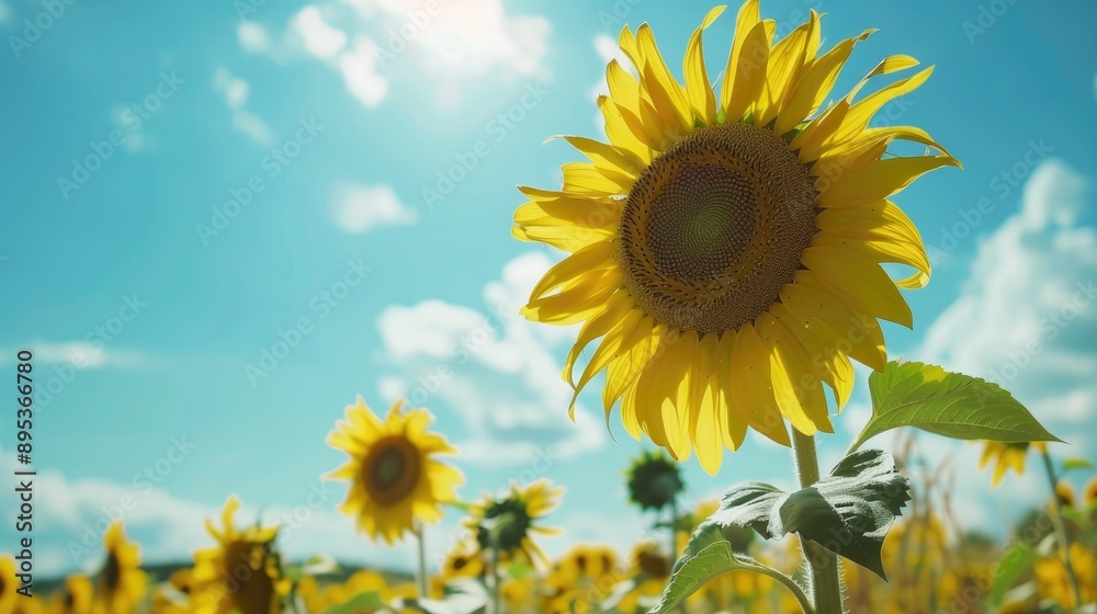 Sunflower swaying in breeze with blue sky and blooming sunflower field Sunflower swaying in breeze with blue sky and blooming sunflower field