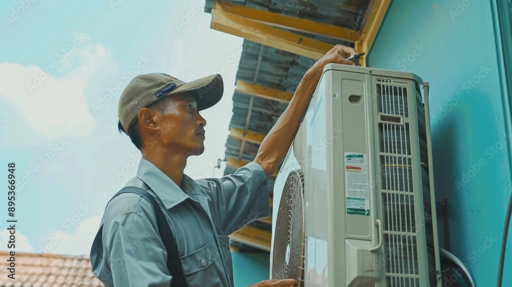 A skilled technician works diligently to repair an air conditioning unit, ensuring a cool and comfortable environment for the homeowner. The image highlights concepts of expertise, maintenance, coolin A skilled technician works diligently to repair an air conditioning unit, ensuring a cool and comfortable environment for the homeowner. The image highlights concepts of expertise, maintenance, coolin
