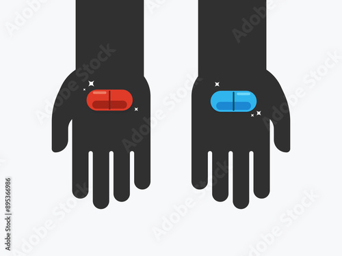 Two hands offer red pill and blue pill. Isolated Vector illustration