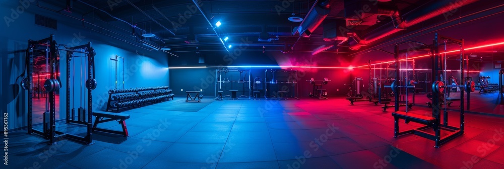 A spacious gym interior with modern equipment, illuminated by red and blue lights, creating a dynamic and energetic atmosphere. The image showcases fitness, training, and a healthy lifestyle. A spacious gym interior with modern equipment, illuminated by red and blue lights, creating a dynamic and energetic atmosphere. The image showcases fitness, training, and a healthy lifestyle.