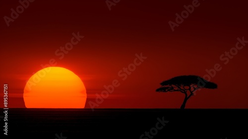 A solitary tree stands tall against a breathtaking sunset in the African savanna. The silhouette of the tree contrasts beautifully with the vibrant orange and red hues of the setting sun, symbolizing 
