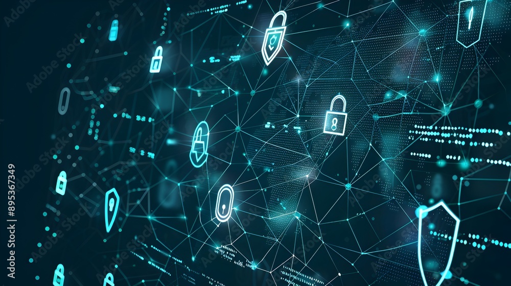 Secure Digital Network with Mesh Icons of Locks Shields and Devices Secure Digital Network with Mesh Icons of Locks Shields and Devices