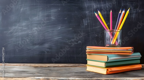 Pencil and Notebook on Wooden Table with Blackboard.