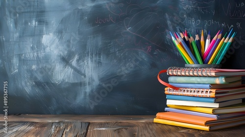 Pencil and Notebook on Wooden Table with Blackboard.