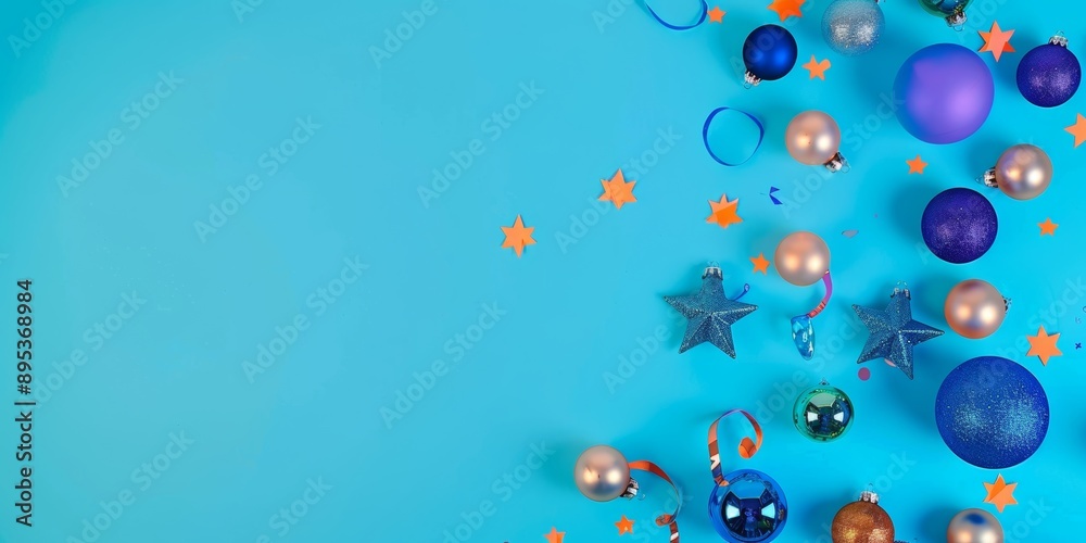 Elegant Christmas scene with teal and purple ornaments, candles, and bokeh lights on a dark background. Elegant Christmas scene with teal and purple ornaments, candles, and bokeh lights on a dark background.