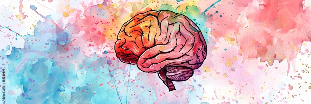 Εκτύπωση καμβά This illustration depicts a human brain in vibrant watercolor colors, symbolizing creativity, intelligence, imagination, and the power of the mind