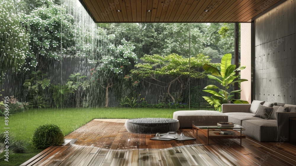 This image depicts a modern living room with a large window overlooking a lush garden bathed in rain. The scene symbolizes serenity, tranquility, nature, relaxation, and modern architecture. This image depicts a modern living room with a large window overlooking a lush garden bathed in rain. The scene symbolizes serenity, tranquility, nature, relaxation, and modern architecture.
