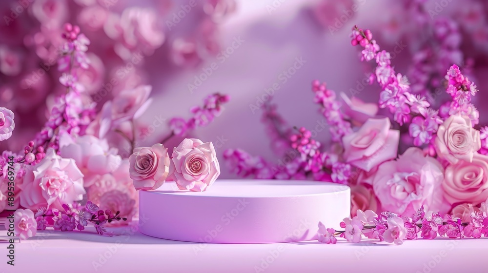 This image features a beautiful pink floral arrangement surrounding a circular podium, creating a visually appealing and elegant backdrop for product displays. It symbolizes beauty, elegance, and soph