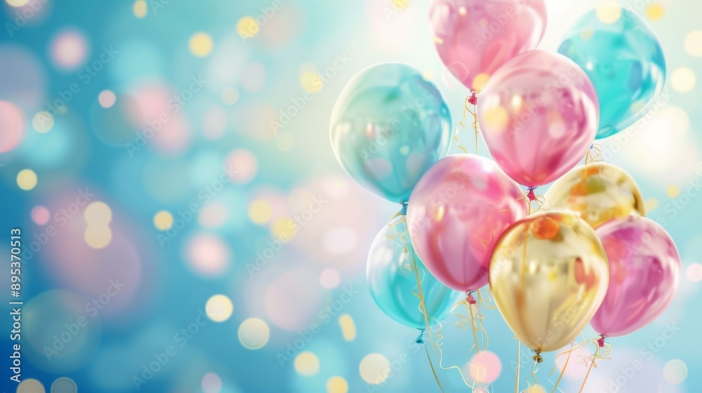 cheerful greeting card with balloons and celebration blue theme.