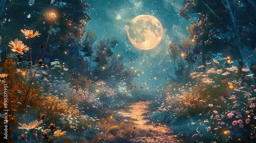 Fototapeta premium A moonlit forest with a path leading through it