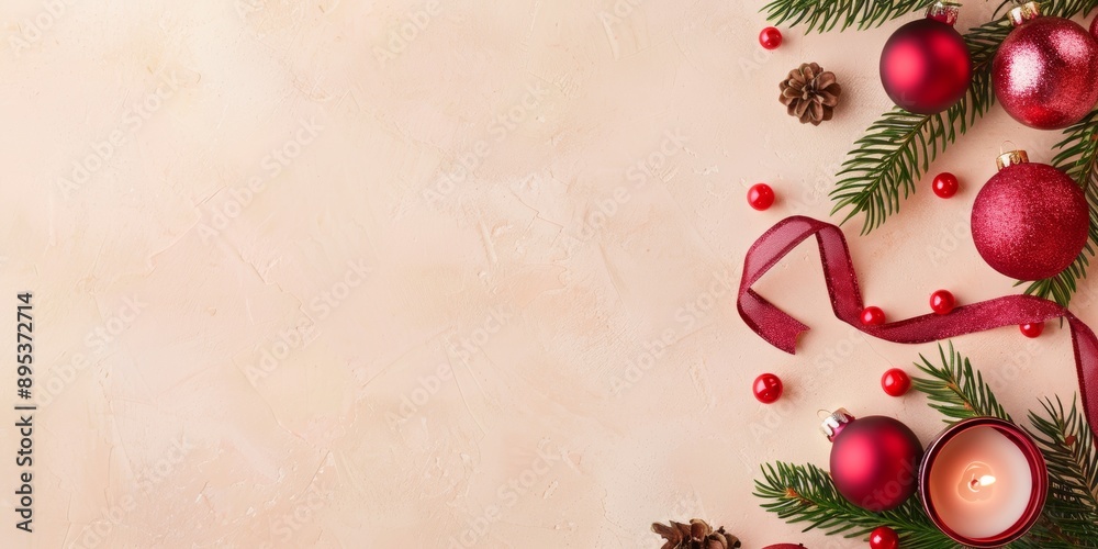 Minimalist Christmas layout with red ornaments, candle, pine branches, and ribbon on a soft pink background.
