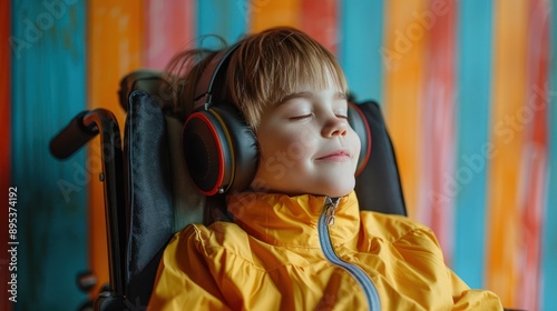 Melodic Bliss: Child with Closed Eyes Enjoys Music in Wheelchair Against Striped Backdrop