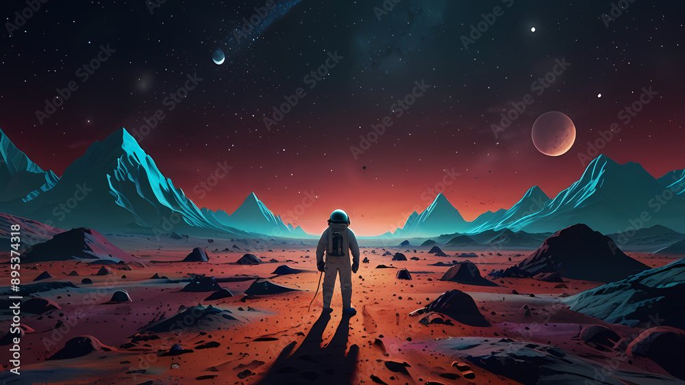 Fototapeta premium Illustration background Of an astronaut is exploring an alien landscape