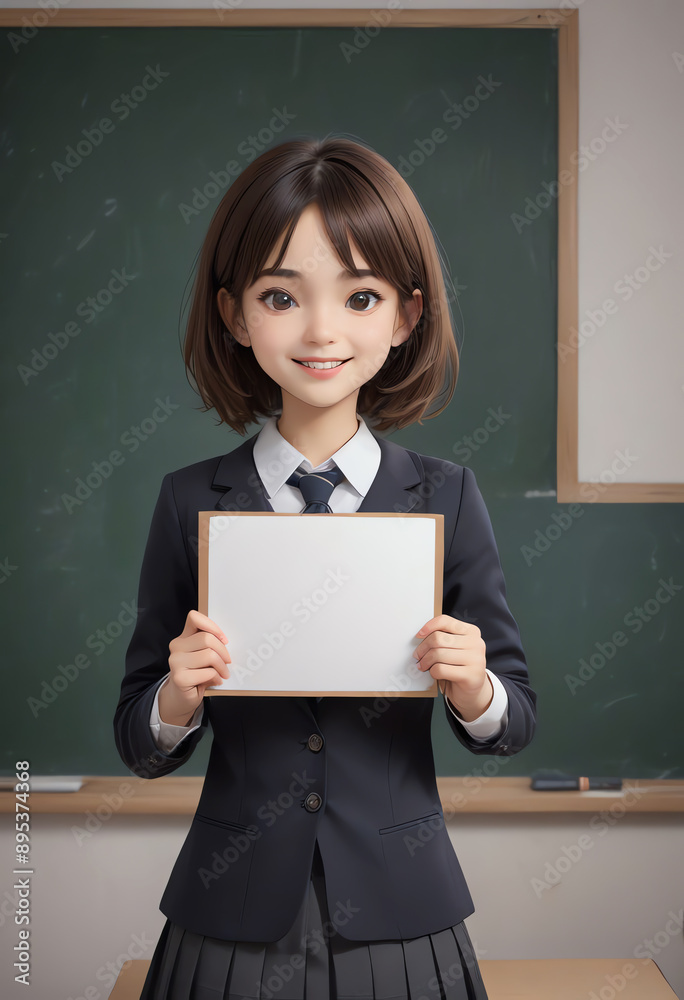 female student holding white blank sign copy space with classroom background female student holding white blank sign copy space with classroom background