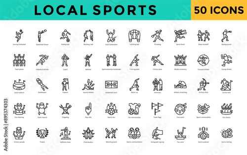 Local sports icon set with serving volleyball, basketball shoot, kicking ball, blocking ball, goal celebration, catching ball, throwing, sprint finish, relay handoff icon. Simple line vector 
