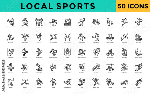 Local sports icon set with little league baseball, high school football, youth soccer team, peewee hockey, school track meet, youth basketball, community swim meet icon. Simple line vector 
