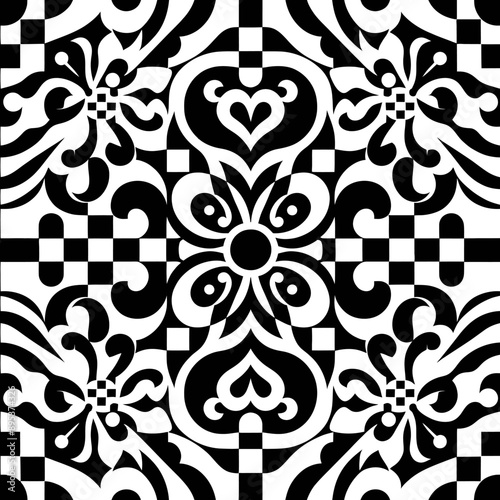 A seamless fabric pattern inspired by a checkerboard, with varied black and white squares, offering a simple yet creative modern twist.