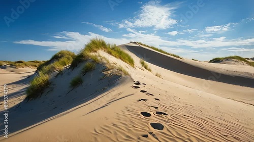 Sand Dunes by the Sea Animation. Fine Sand, Blowing Wind, and Gentle Waves in the Distance Under a Blue Sky. Dynamic. Enjoy the Beauty of Sand Dunes by the Sea in This Dynamic Video. photo