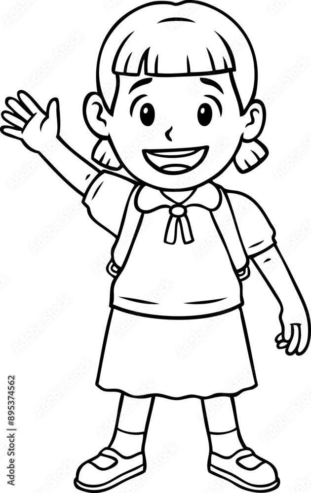 Vector Cartoon Happy Student In Girl School Uniform Waving Line Art Vector Cartoon Happy Student In Girl School Uniform Waving Line Art